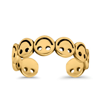 Smiley Face Toe Ring Yellow Tone Adjustable Band 925 Sterling Silver (4mm)